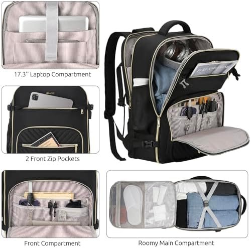 Travel Backpack for Women, Carry On Backpack for Airplanes Flight Approved, Waterproof Large Weekender Overnight Bag Fit 17 Inch Laptop with USB Charging Port, Black - Image 2
