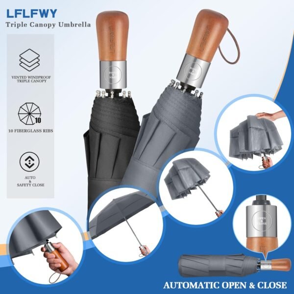 Compact Windproof Travel Umbrella- Large Light Automatic Open&Close Umbrellas for Rain,Triple Canopy Vented Portable Umbrellas for Men Women,Strong Wind Resistant Folding Umbrella 10 Ribs - Image 7
