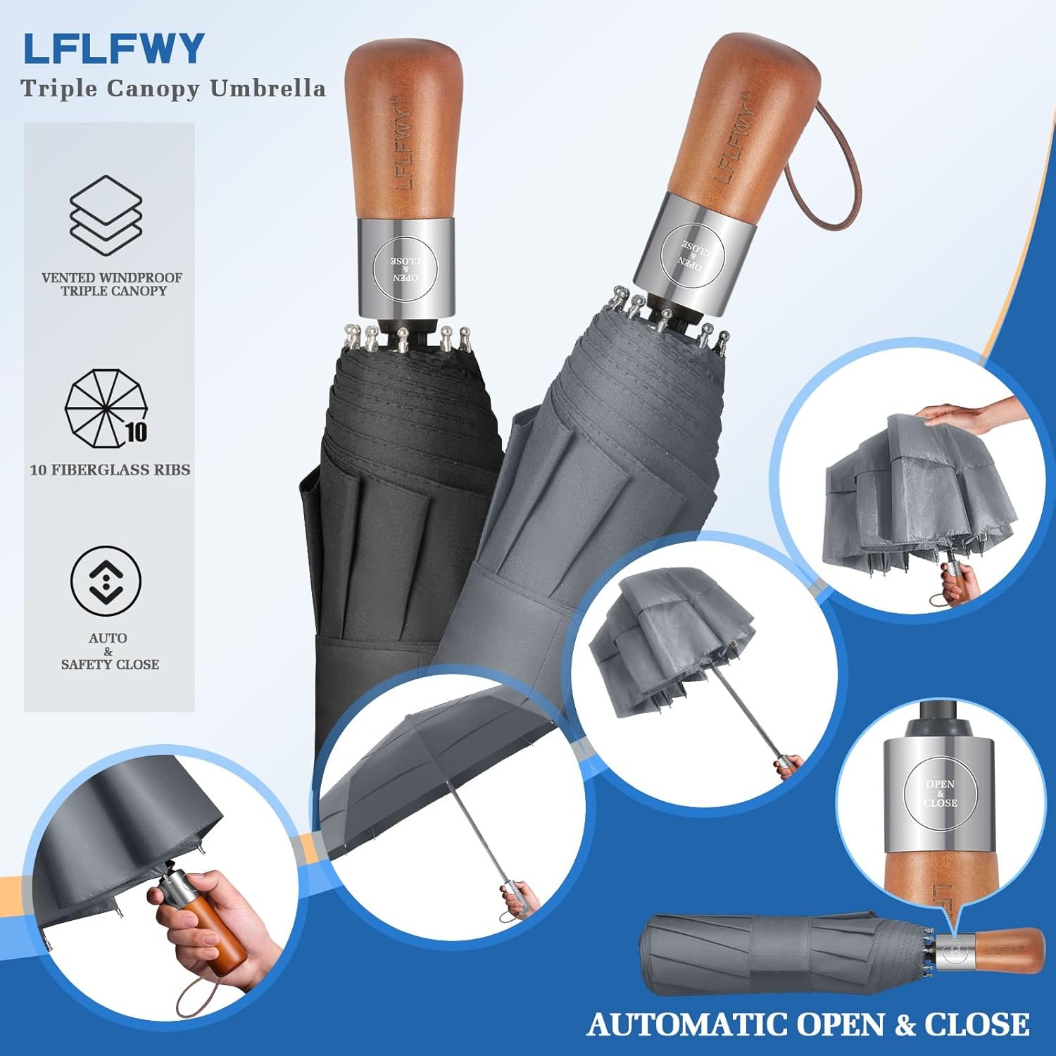 Compact Windproof Travel Umbrella- Large Light Automatic Open&Close Umbrellas for Rain,Triple Canopy Vented Portable Umbrellas for Men Women,Strong Wind Resistant Folding Umbrella 10 Ribs - Image 7