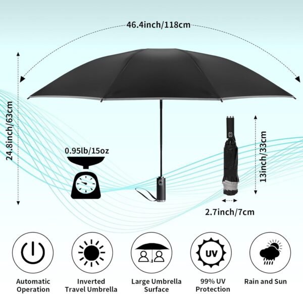 Inverted Umbrella Travel Folding,Large Umbrellas for Rain & Sun Waterproof Auto Open/Close Portable Automatic Umbrellas for Rain 99 UV Protection 105cm Span 10 Ribs Umbrella… - Image 2