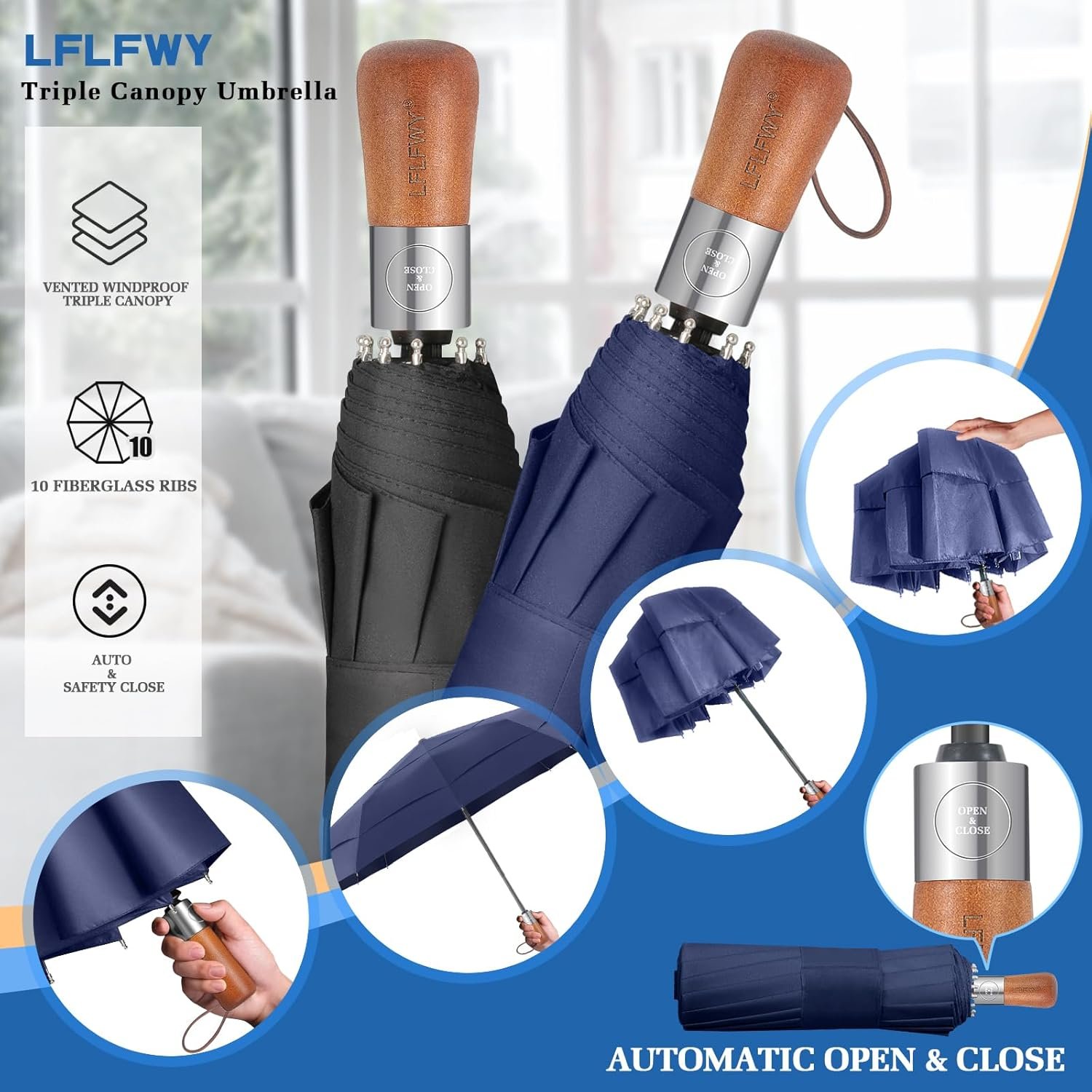 Compact Windproof Travel Umbrella- Large Light Automatic Open&Close Umbrellas for Rain,Triple Canopy Vented Portable Umbrellas for Men Women,Strong Wind Resistant Folding Umbrella 10 Ribs - Image 8