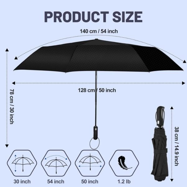 54 Inch Large Golf Umbrella with Grid Pattern, Windproof Umbrella for Rain Heavy Duty, Compact Black Travel Umbrellas, Double Canopy Vented Automatic Big Umbrella - Image 2