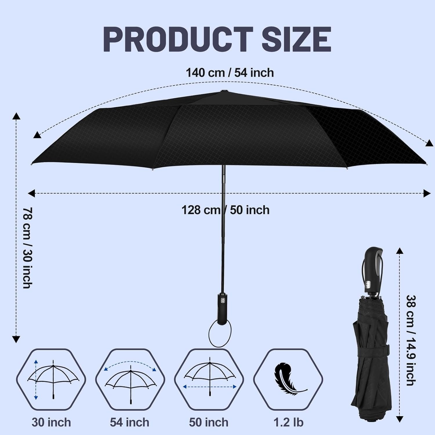 54 Inch Large Golf Umbrella with Grid Pattern, Windproof Umbrella for Rain Heavy Duty, Compact Black Travel Umbrellas, Double Canopy Vented Automatic Big Umbrella - Image 2