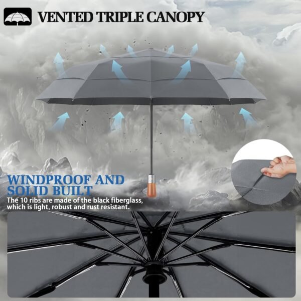 Compact Windproof Travel Umbrella- Large Light Automatic Open&Close Umbrellas for Rain,Triple Canopy Vented Portable Umbrellas for Men Women,Strong Wind Resistant Folding Umbrella 10 Ribs - Image 4