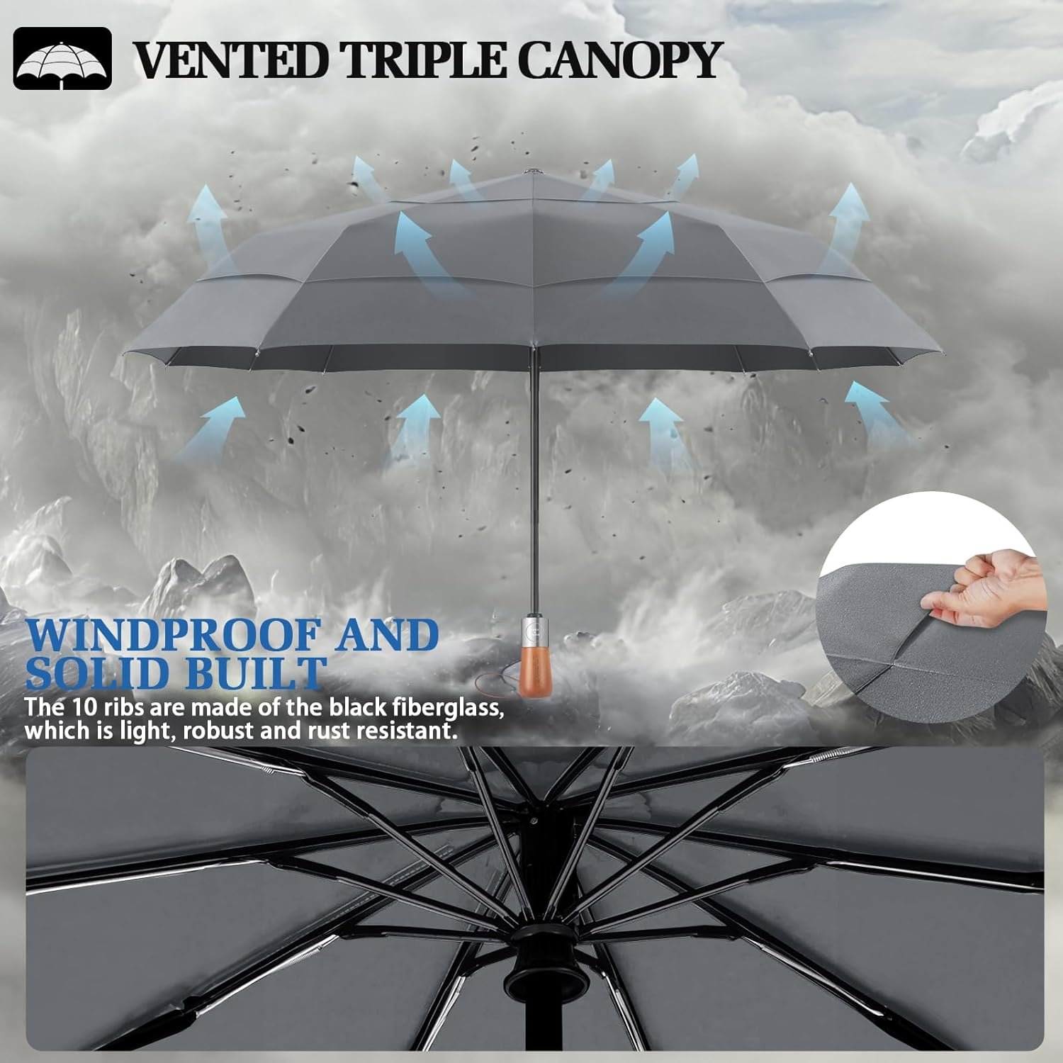 Compact Windproof Travel Umbrella- Large Light Automatic Open&Close Umbrellas for Rain,Triple Canopy Vented Portable Umbrellas for Men Women,Strong Wind Resistant Folding Umbrella 10 Ribs - Image 4