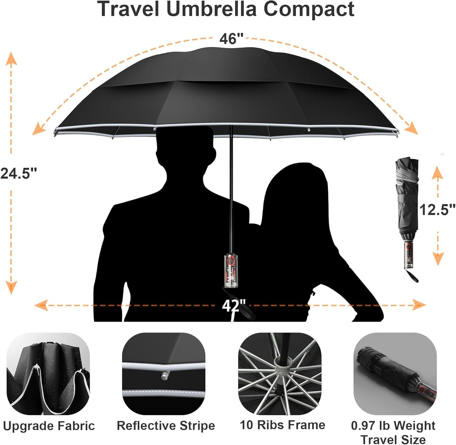 Urvoix Compact Golf Umbrellas Windproof, Travel Umbrella for Rain, 10 Ribs Aluminum Alloy & Fiberglass w/Reflective Stripe, Double Canopy Automatic Anti-bounce Close - Image 6