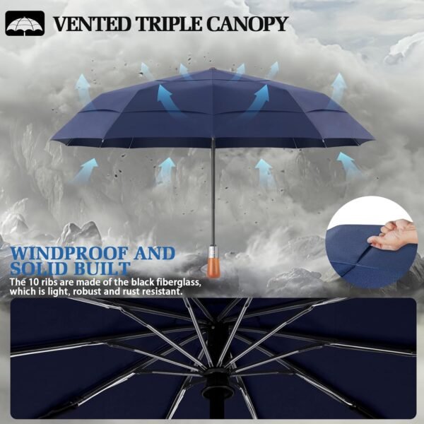 Compact Windproof Travel Umbrella- Large Light Automatic Open&Close Umbrellas for Rain,Triple Canopy Vented Portable Umbrellas for Men Women,Strong Wind Resistant Folding Umbrella 10 Ribs - Image 5