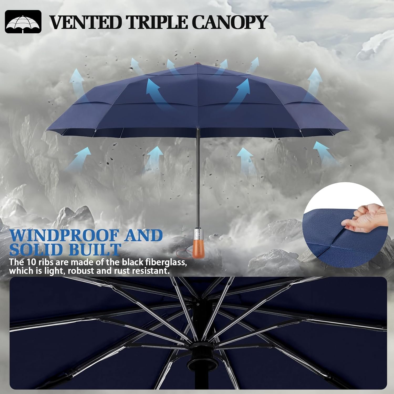 Compact Windproof Travel Umbrella- Large Light Automatic Open&Close Umbrellas for Rain,Triple Canopy Vented Portable Umbrellas for Men Women,Strong Wind Resistant Folding Umbrella 10 Ribs - Image 5
