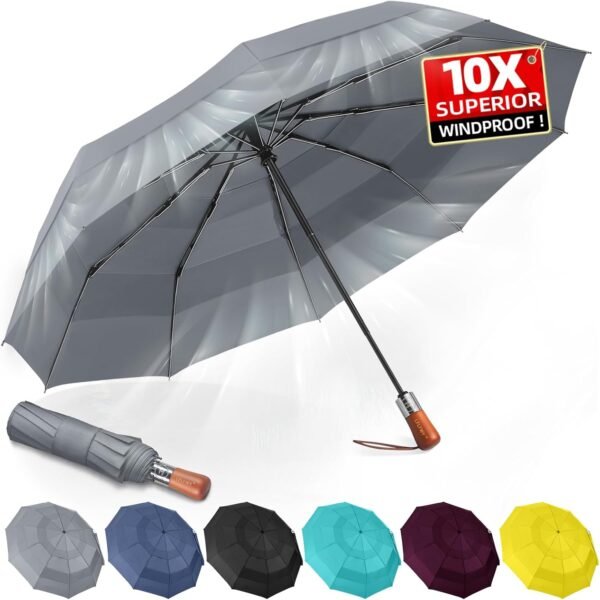 Compact Windproof Travel Umbrella- Large Light Automatic Open&Close Umbrellas for Rain,Triple Canopy Vented Portable Umbrellas for Men Women,Strong Wind Resistant Folding Umbrella 10 Ribs - Image 9