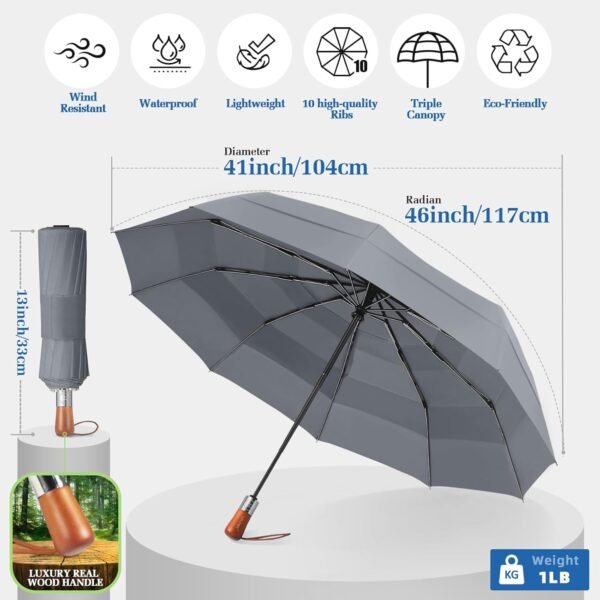 Compact Windproof Travel Umbrella- Large Light Automatic Open&Close Umbrellas for Rain,Triple Canopy Vented Portable Umbrellas for Men Women,Strong Wind Resistant Folding Umbrella 10 Ribs - Image 3