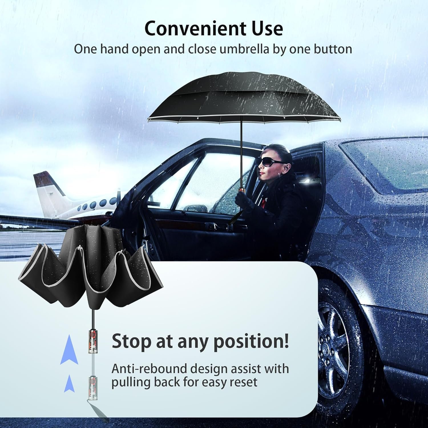 Urvoix Compact Golf Umbrellas Windproof, Travel Umbrella for Rain, 10 Ribs Aluminum Alloy & Fiberglass w/Reflective Stripe, Double Canopy Automatic Anti-bounce Close - Image 3