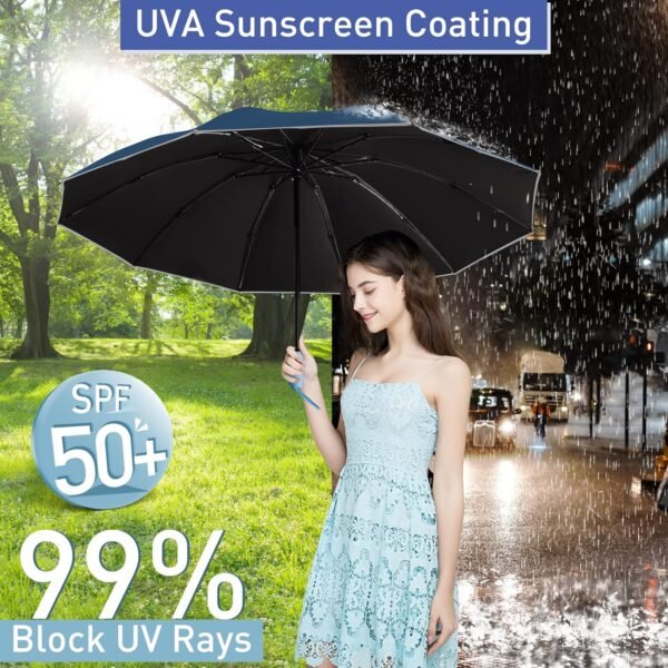 Bodyguard Inverted Umbrella, Large Windproof Umbrellas for Rain & Sun, Compact Umbrella Reverse Umbrella with Reflective Stripe, Teflon Umbrella for Women Men, Travel Folding Umbrella with Cover Bag - Image 2