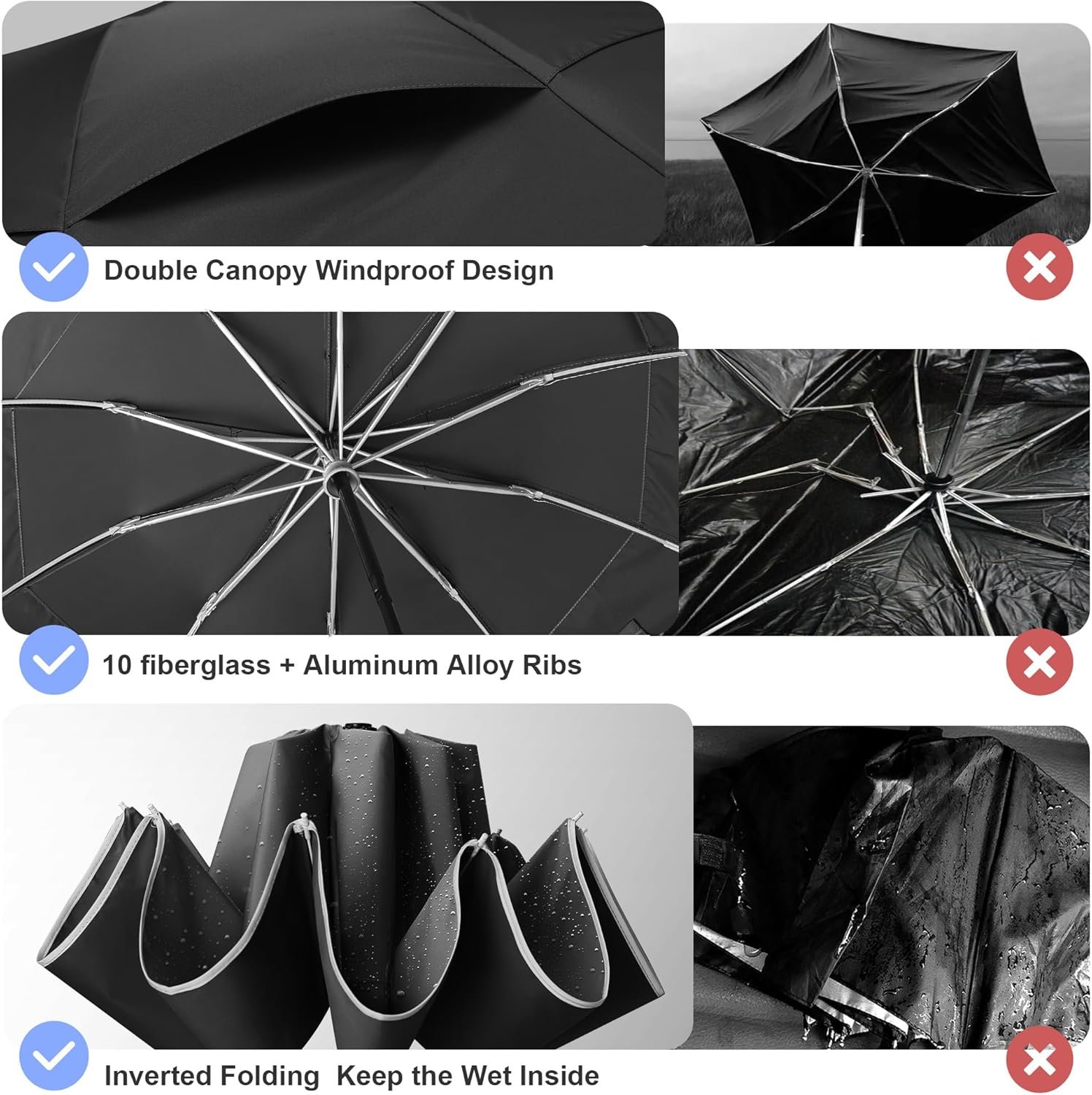 Urvoix Compact Golf Umbrellas Windproof, Travel Umbrella for Rain, 10 Ribs Aluminum Alloy & Fiberglass w/Reflective Stripe, Double Canopy Automatic Anti-bounce Close - Image 4