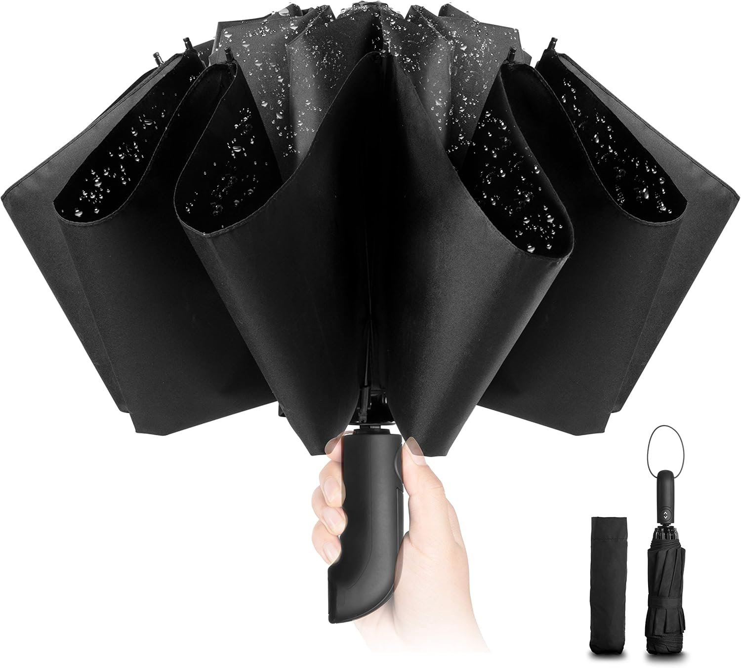 Travel Inverted Umbrella Compact Windproof- Automatic reverse Umbrellas for Rain - Folding Portable Teflon Coating 48inch Span, 10 Ribs Large Umbrella